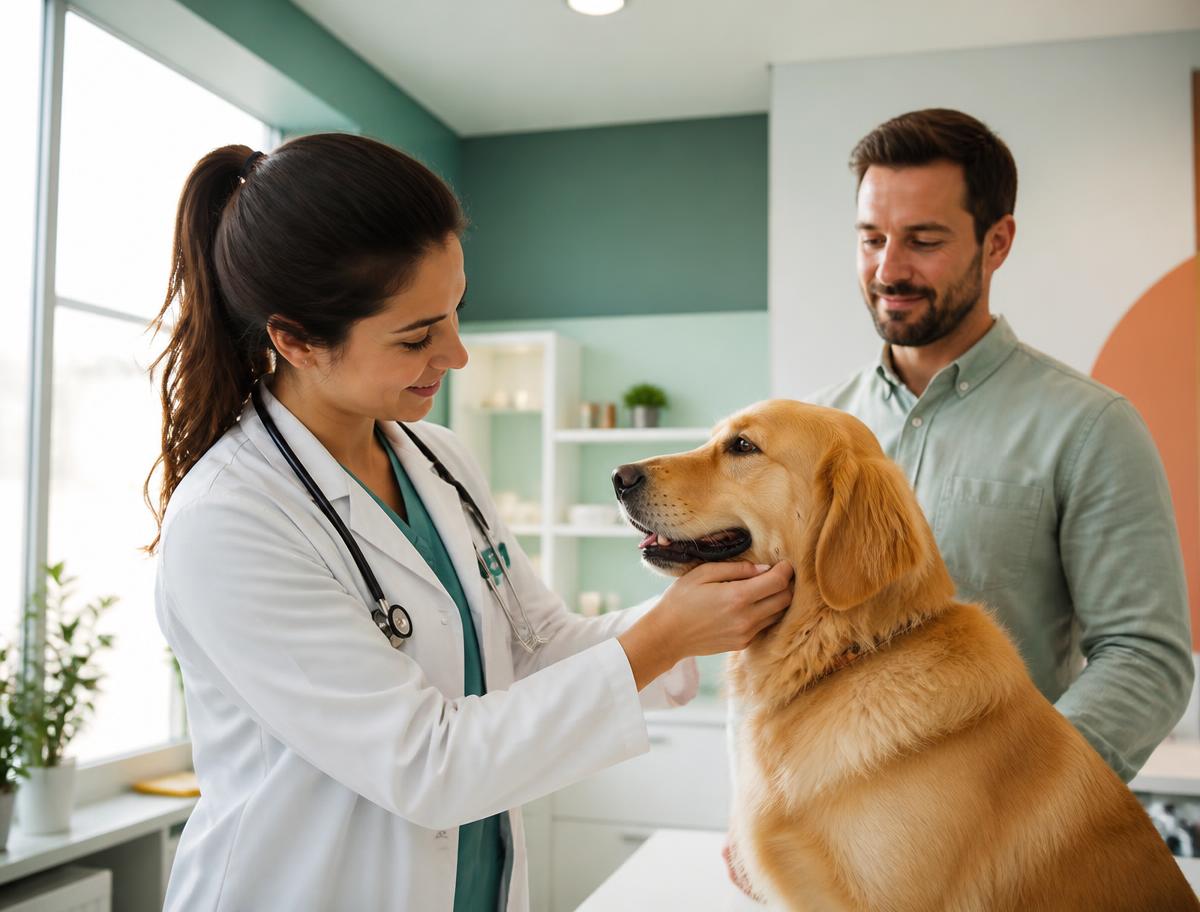 Veterinária cuidando de um cachorro ao lado de seu tutor